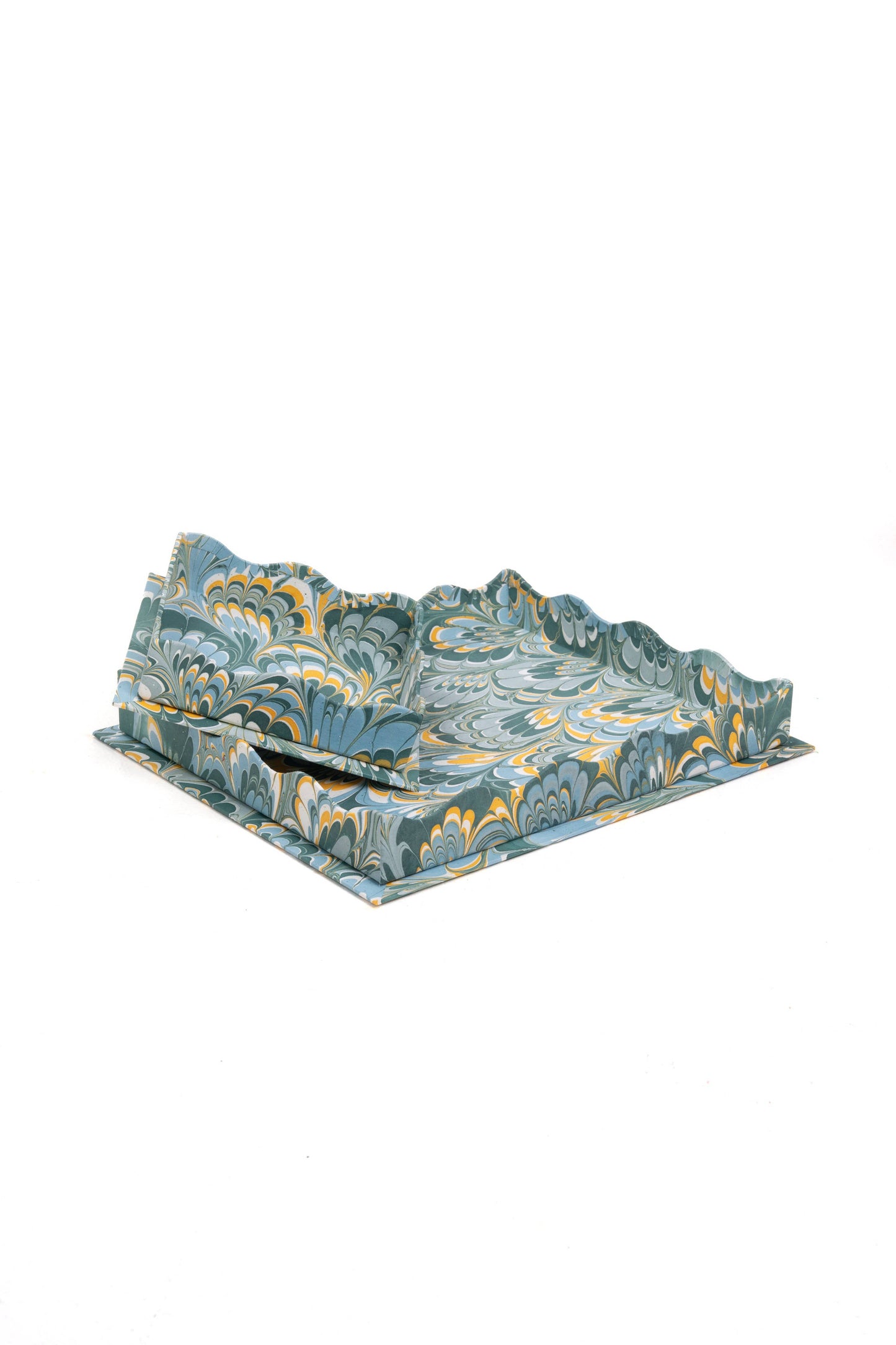 Nesting Scalloped Hand-Marbled Trays in Blue