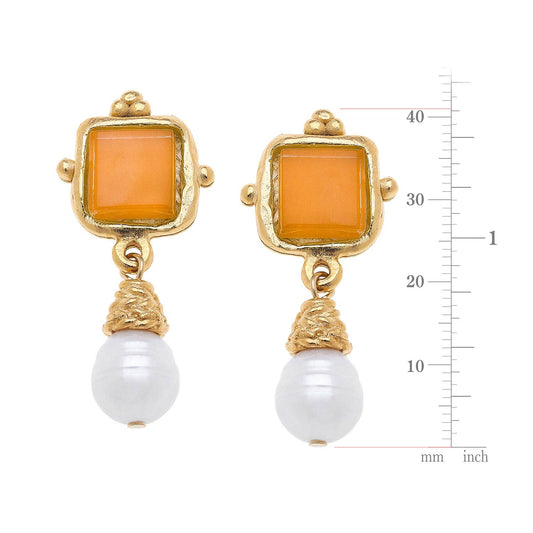 Charlotte Orange French Glass + Pearl Drop Earrings