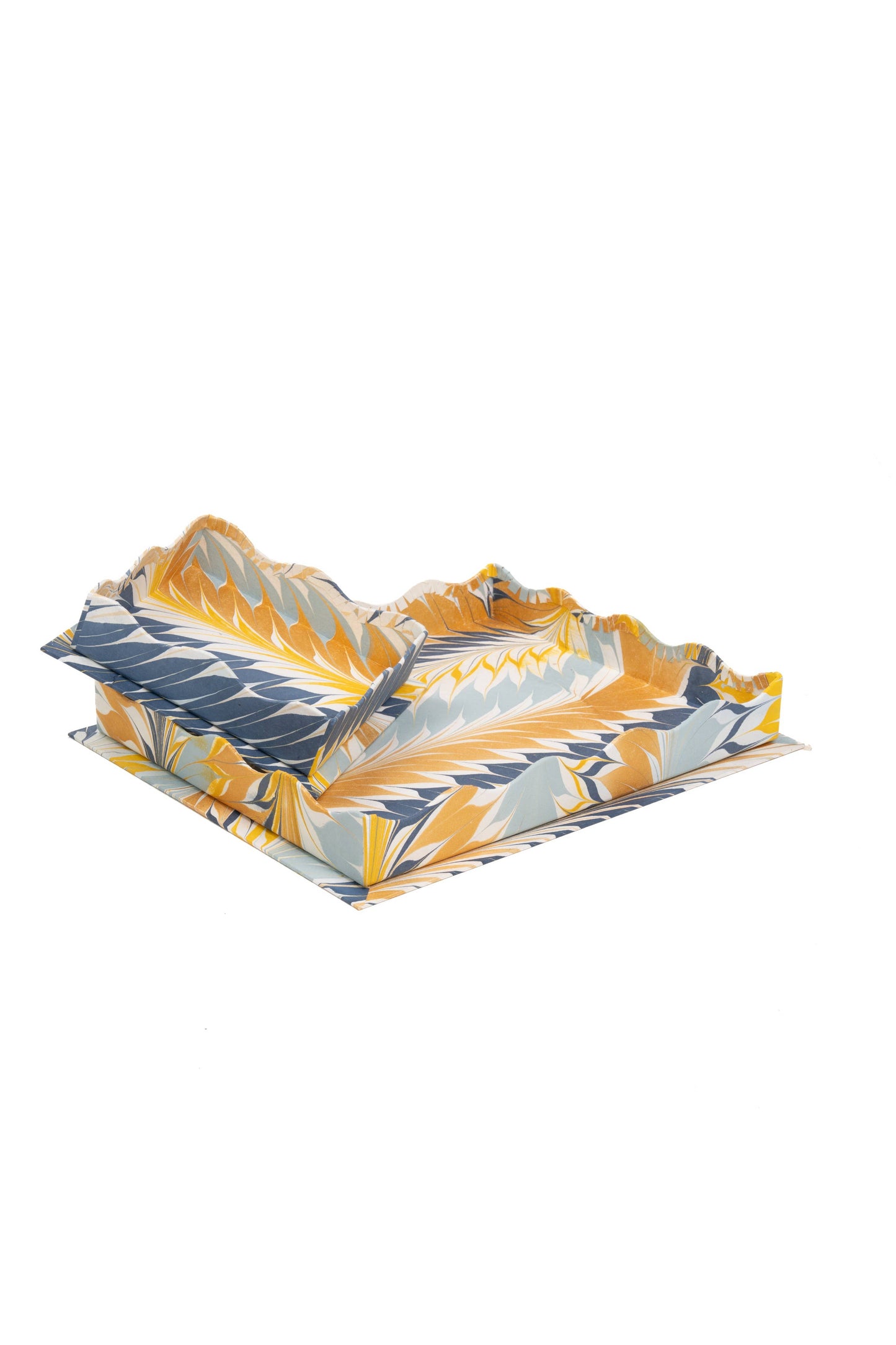 Nesting Scalloped Hand-Marbled Trays in Golden Blue