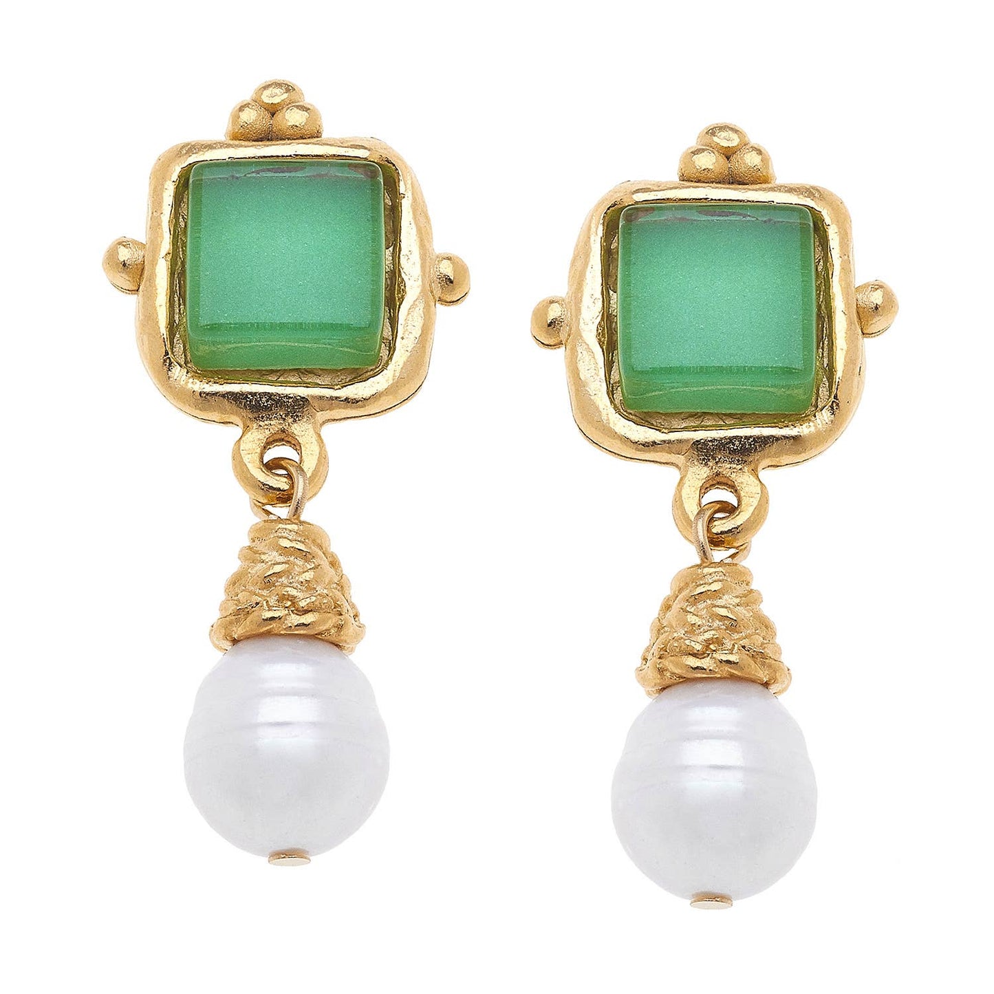 Charlotte Green French Glass + Pearl Drop Earrings
