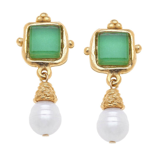 Charlotte Green French Glass + Pearl Drop Earrings