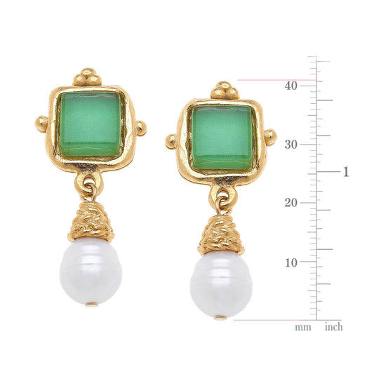 Charlotte Green French Glass + Pearl Drop Earrings