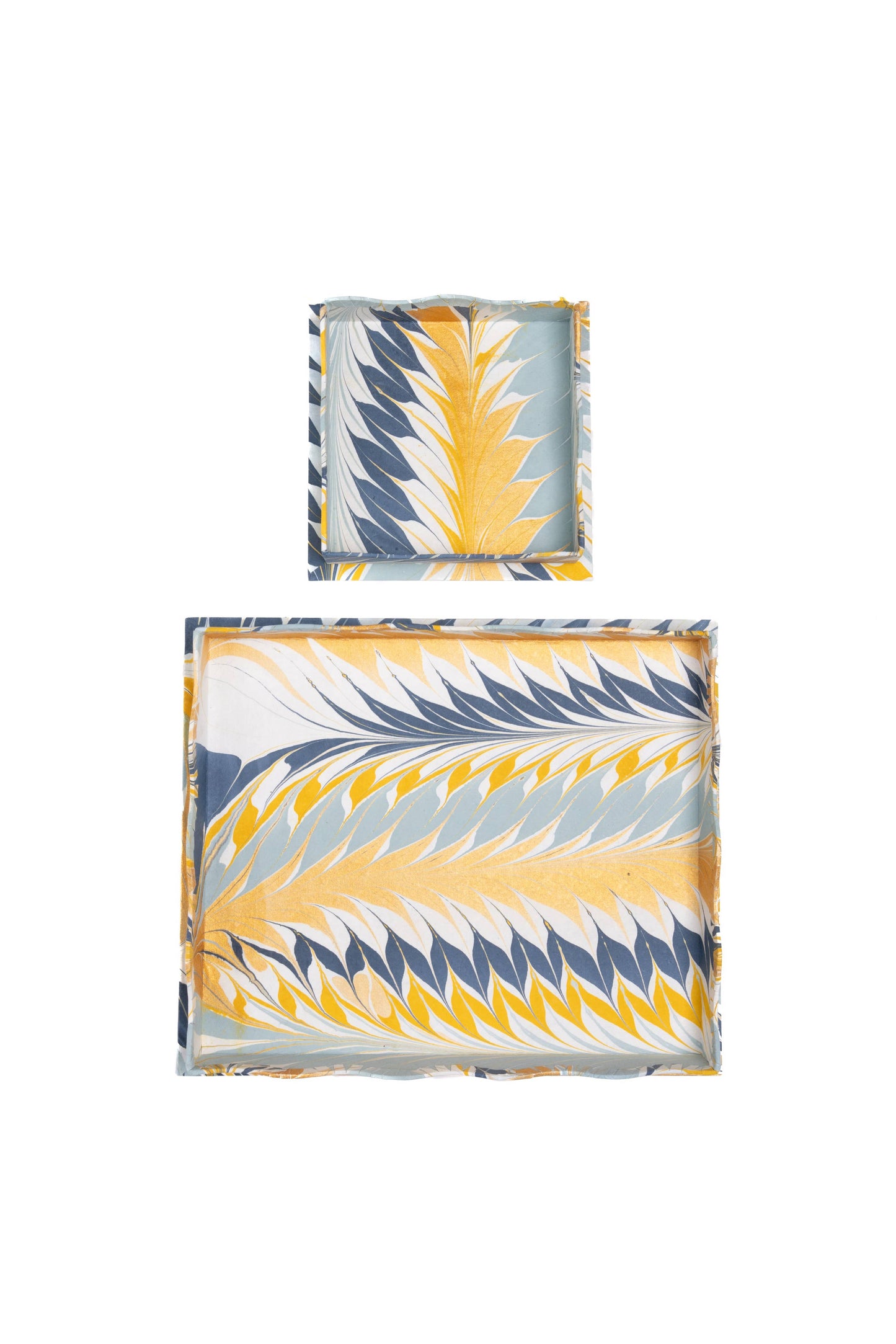 Nesting Scalloped Hand-Marbled Trays in Golden Blue