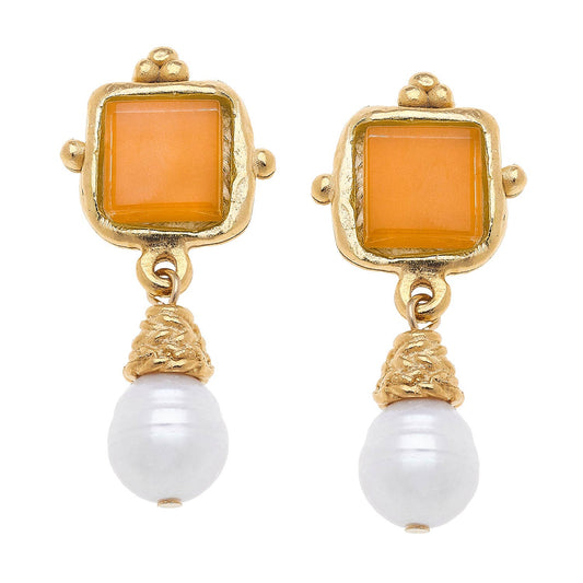 Charlotte Orange French Glass + Pearl Drop Earrings